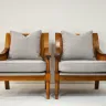 Wooden Cane Chairs in a Herringbone Fabric