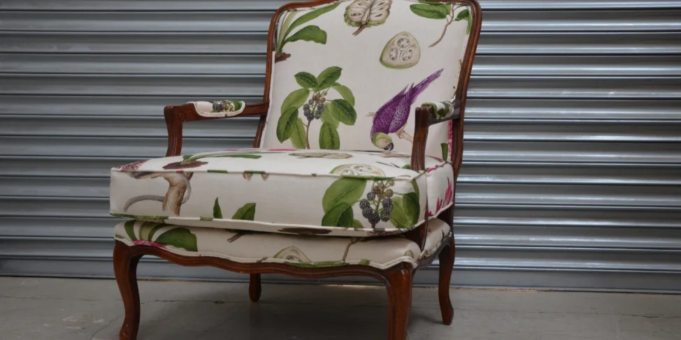 Wooden framed chair reupholstered