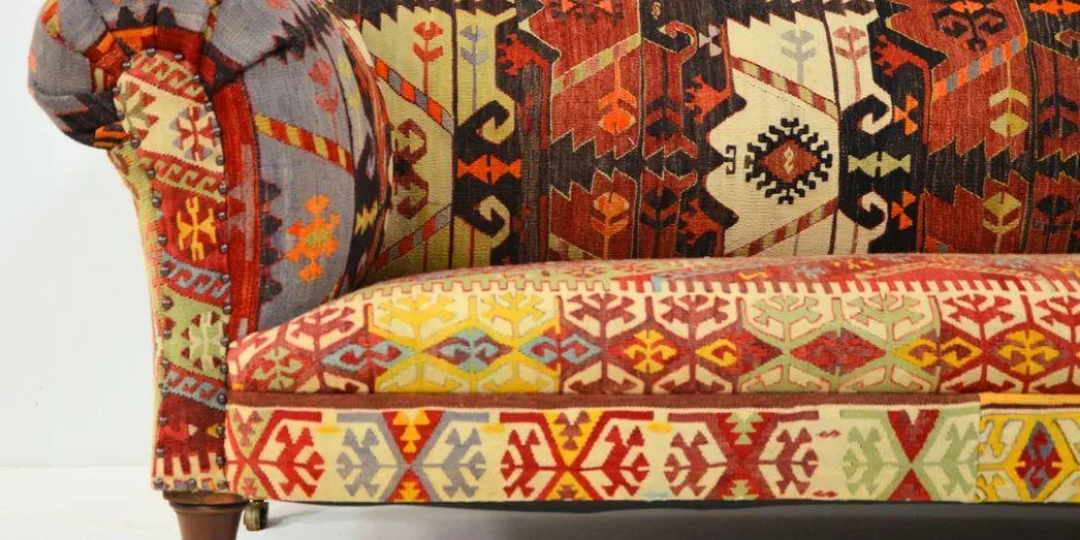 Antique Sofa Reupholstered in a Traditional Kilim Rug & Stud Detailing