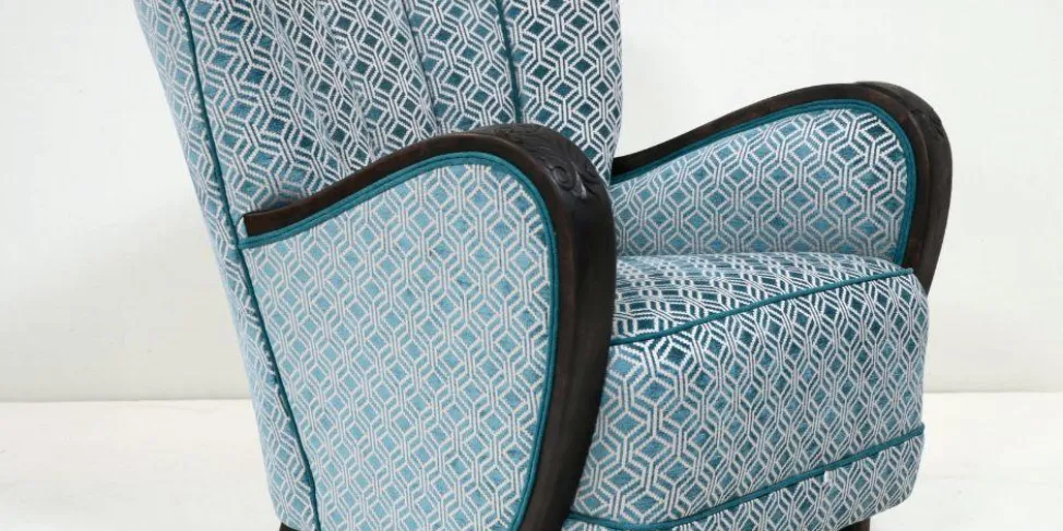 Fluted Back Chair, Reupholstered in a Gometric Romo Fabric