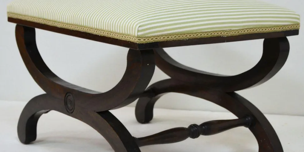 Wooden Stool Recovered in a Striped Fabric and Trim