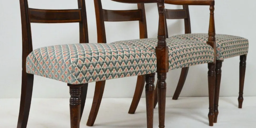 Wooden Dining Chairs Reupholstered in a Colefax & Fowler Fabric