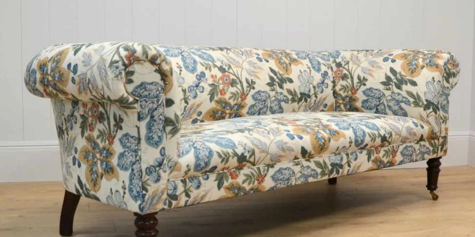 An elegant chesterfield recovered in a gorgeous printed linen