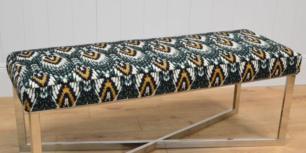 Metallic X - frame stool in a Romo x temperley london fabric