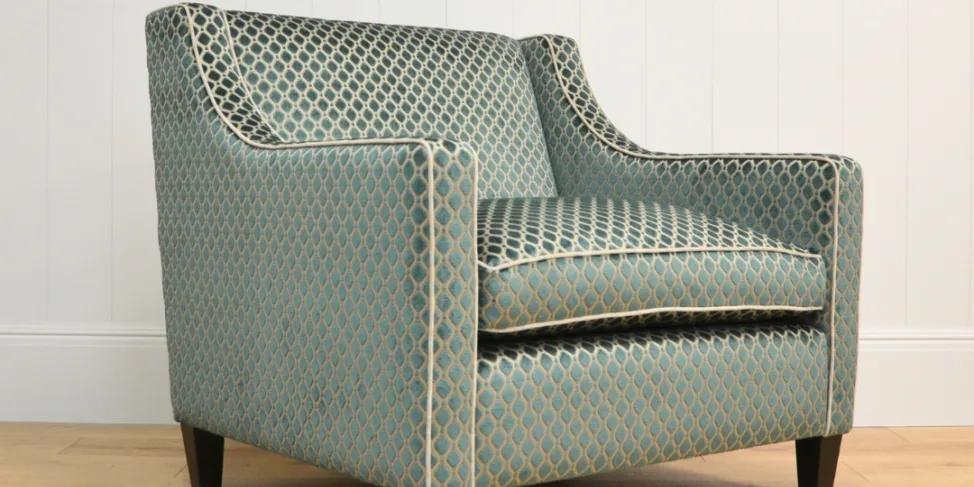 Bespoke Radley Chair Upholstered in a Patterned Teal Fabric With Piping