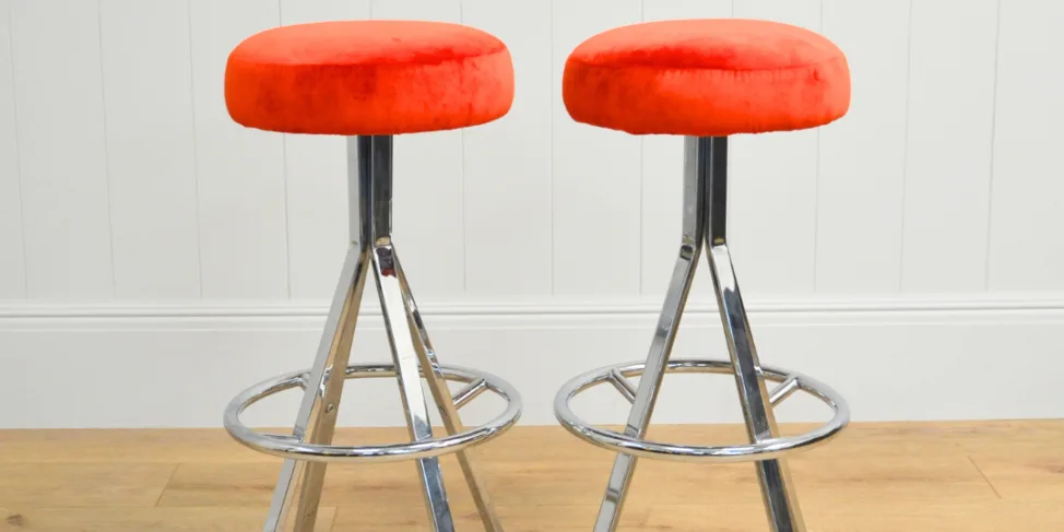 Twin Barstools Reupholstered in a Linwood Orange Velvet