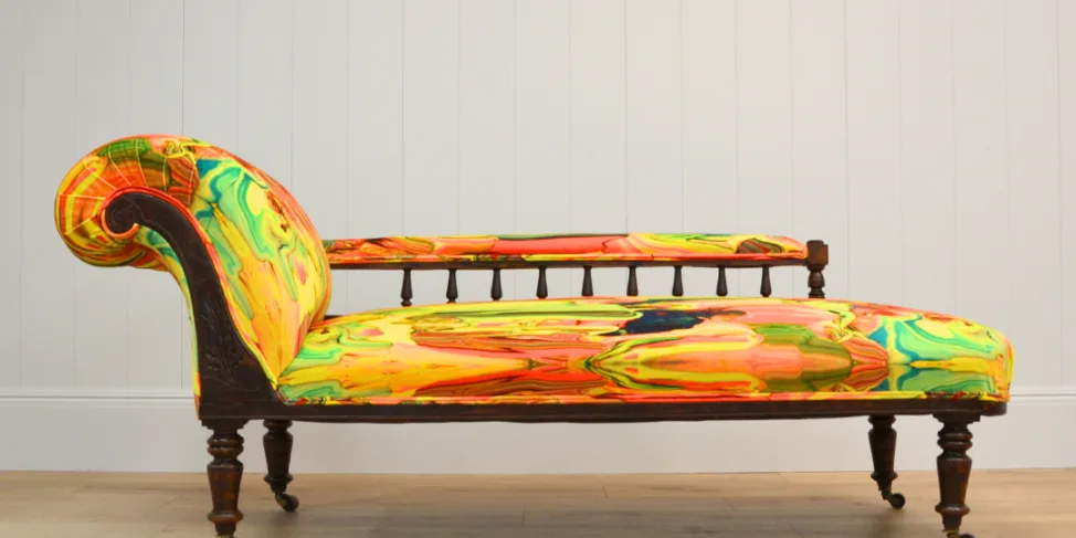 Chaise Longue Reupholstered in a Bright Marble Velvet Fabric
