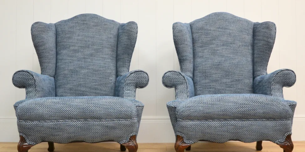 Reupholstered Twin Wingchairs in Cut Velvet Fabric