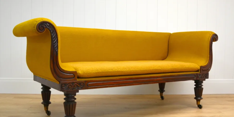 Stunning Antique Sofa Reupholstered in a Mustard Linen and Boucle Fabric