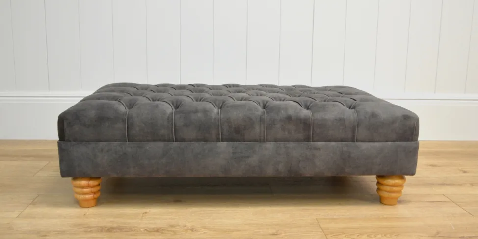 Dark Grey Upholstered Ottoman With Deep Buttoning