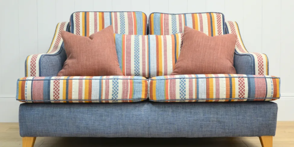 Small Two Seater Sofa Reupholstered in Striped Fabric with Matching Scatter Cushions