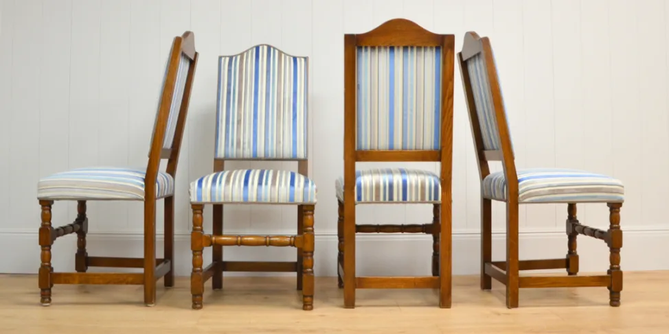 Set of Blue Striped Cut Velvet Reupholstered Dining Chairs