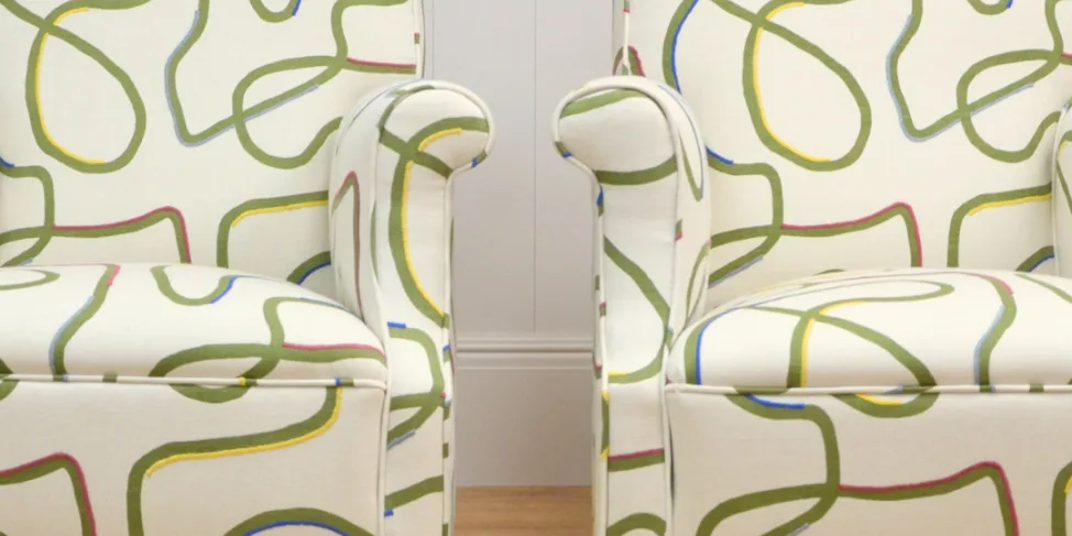 Twin Armchairs Reupholstered in Kit Kempt GP&JBaker Fabric