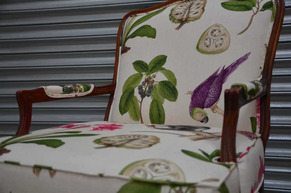 Wooden framed chair reupholstered