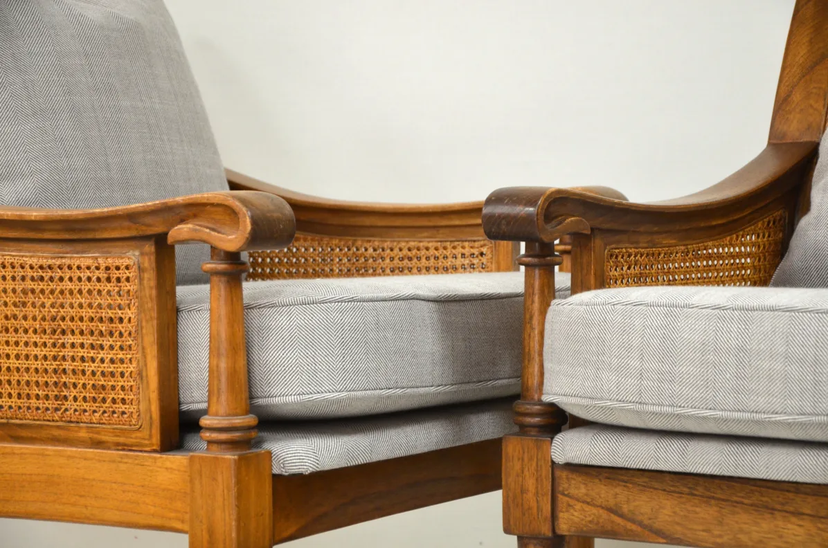 Wooden Cane Chairs in a Herringbone Fabric