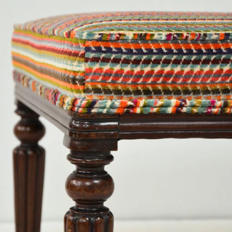Colourful Reupholstered Footstool with Beautiful Wooden Legs