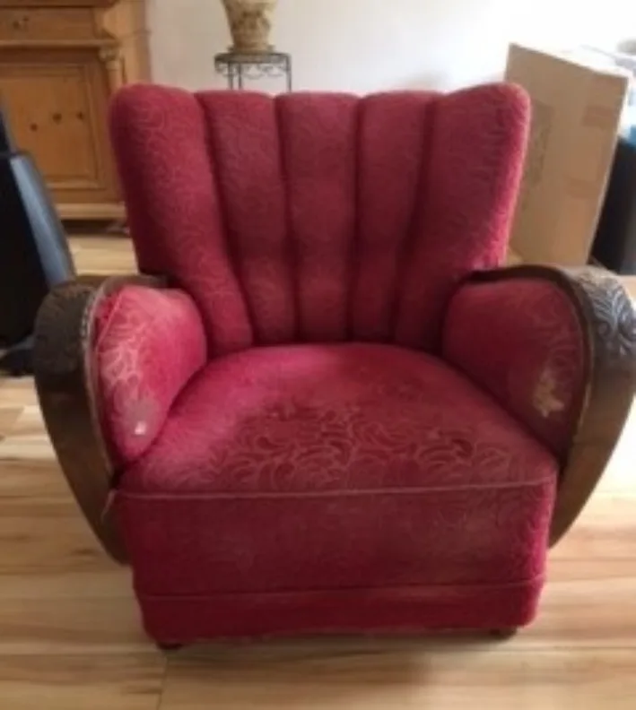 Fluted Back Chair, Reupholstered in a Gometric Romo Fabric