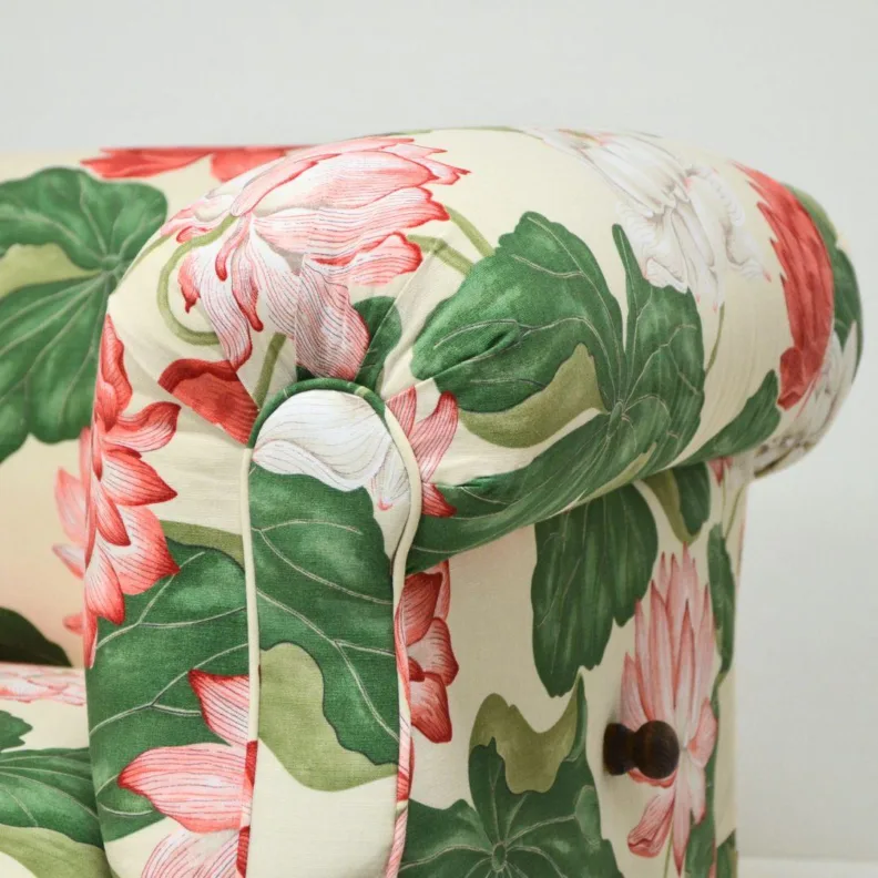 Antique Drop Arm Sofa Reupholstered in a Sanderson fabric