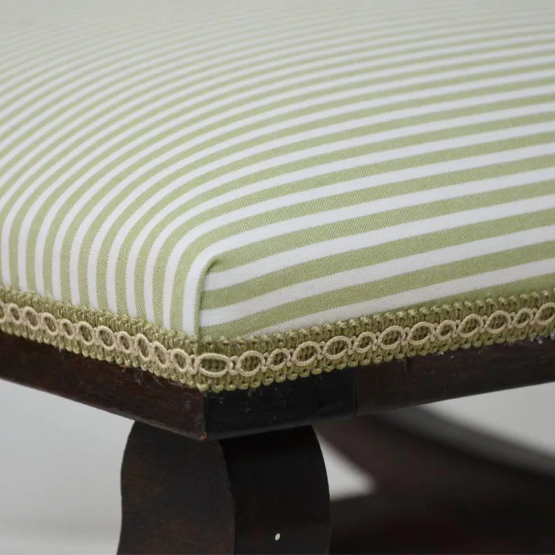 Wooden Stool Recovered in a Striped Fabric and Trim