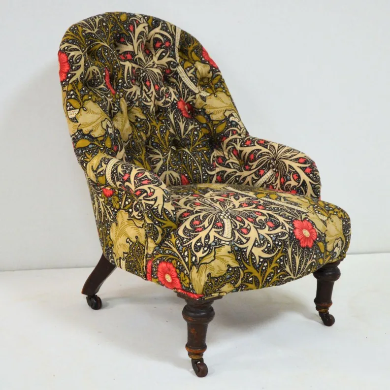 Button Back Chair Reupholstered in a Morris & Co. Fabric