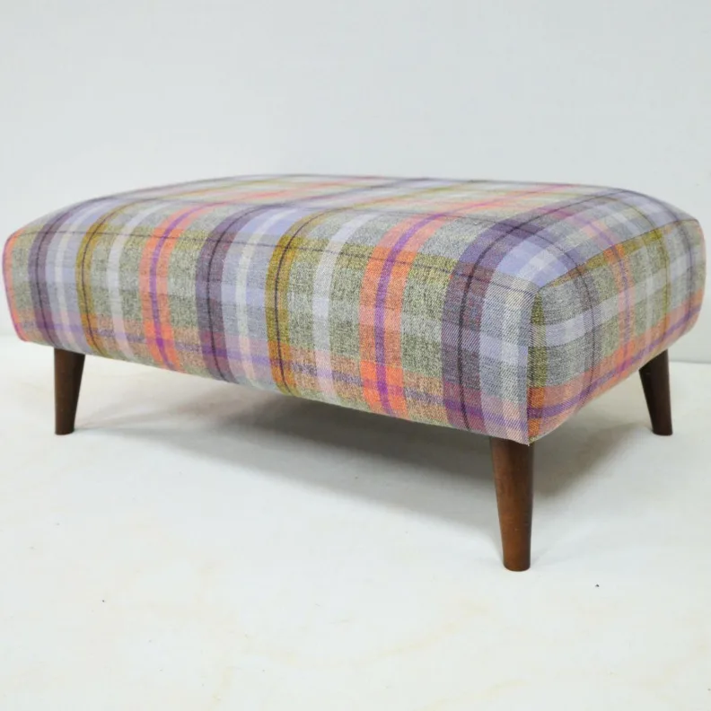 Footstool Reupholstered in a Colourful Plaid Wool Fabric