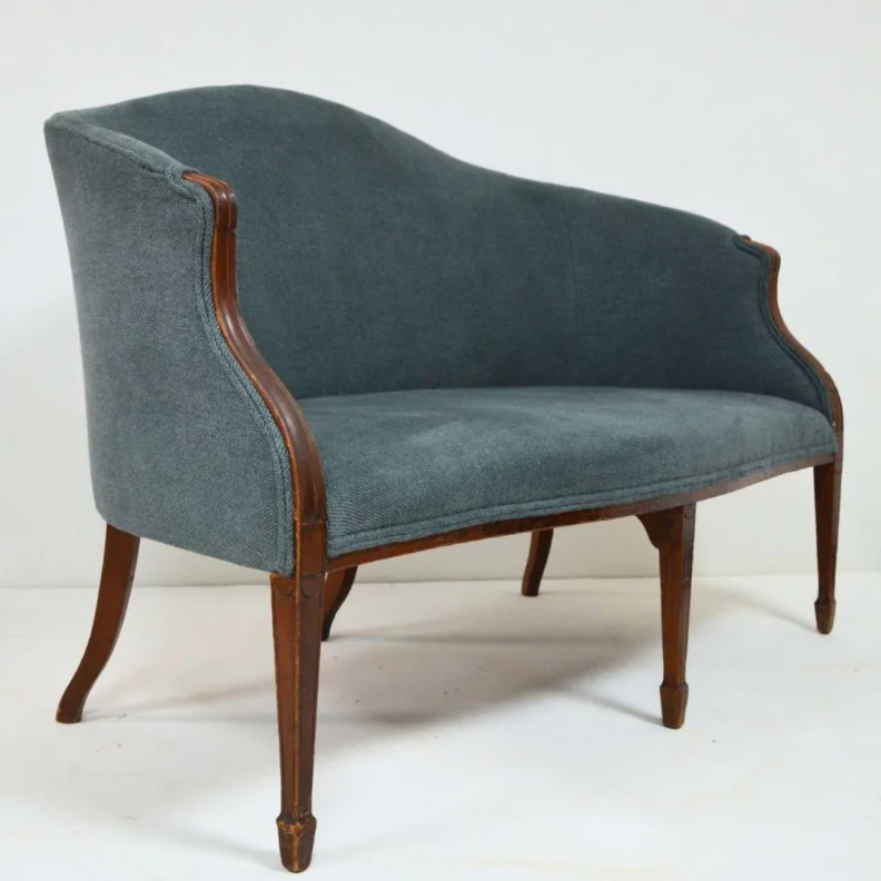 Curved Back Sofa Reupholstered in a Slate Blue Linen
