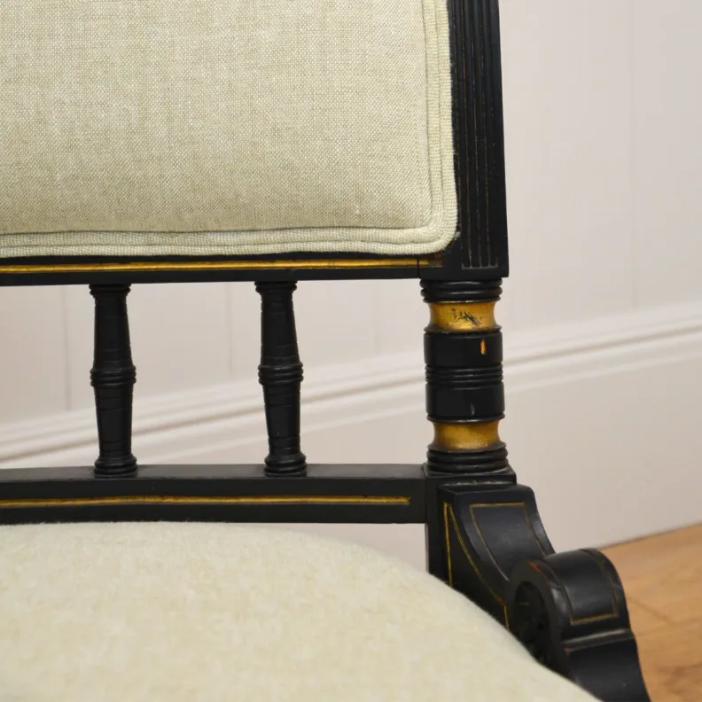 ANTIQUE WOODEN BENCH RE-COVERED IN A CREAM LINEN WITH DOUBLE PIPING