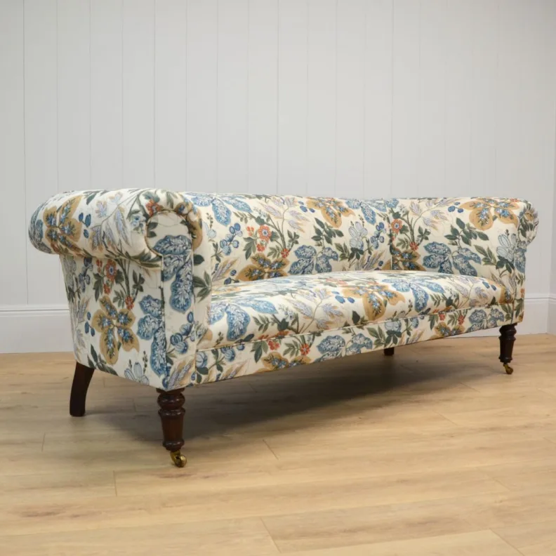 An elegant chesterfield recovered in a gorgeous printed linen