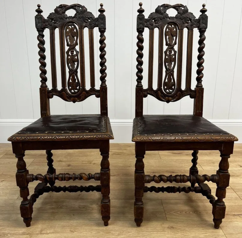 Ornate wooden chairs in an Osborne & little cut velvet and contrast trim