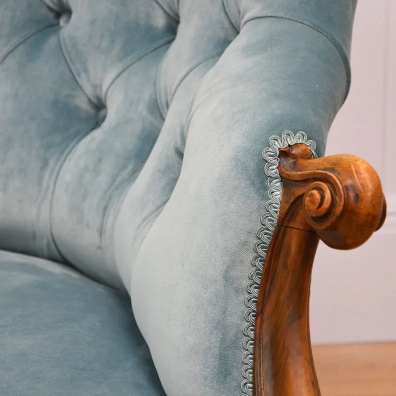 Chaise lounge reupholstered using traditional techniques and materials