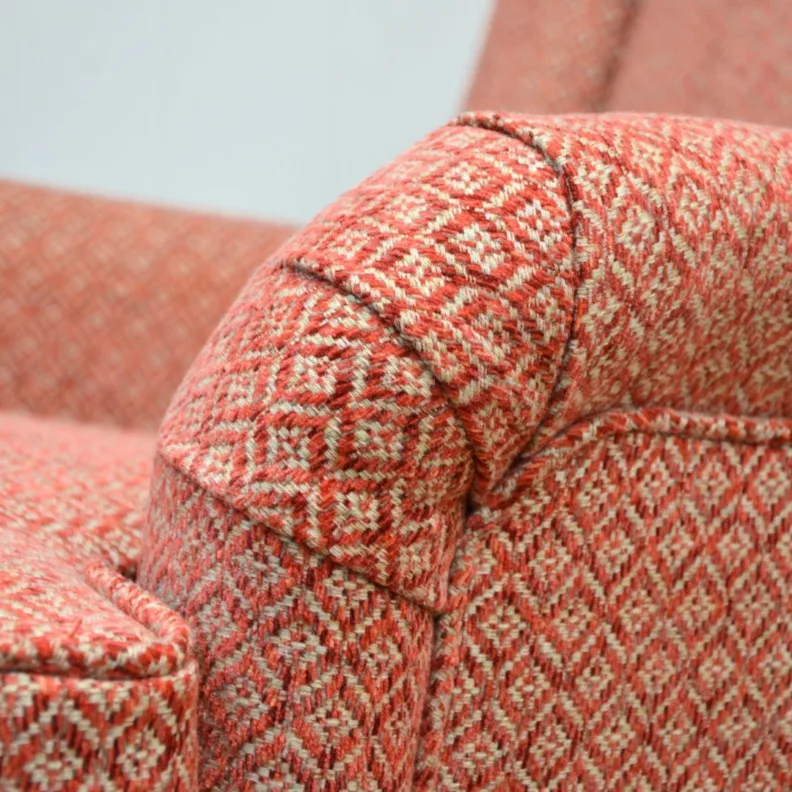 A high back Wesley Barrell chair, recovered in a small scale diamond chenille fabric