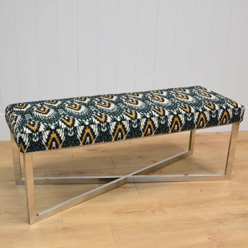 Metallic X - frame stool in a Romo x temperley london fabric