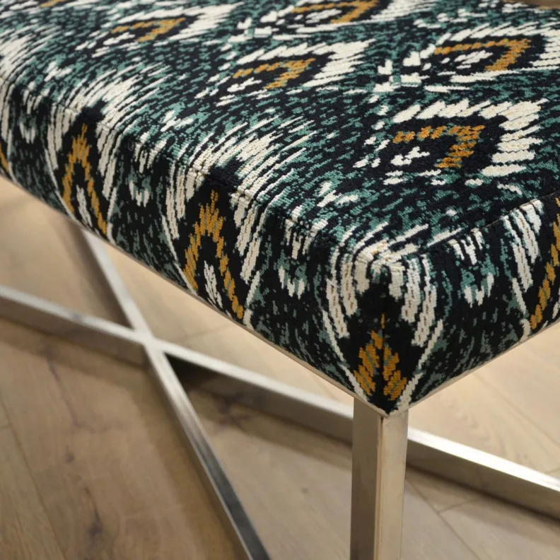 Metallic X - frame stool in a Romo x temperley london fabric
