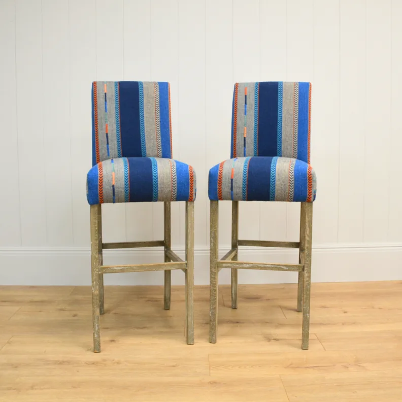 Barstools Reupholstered in a Striped Fabric