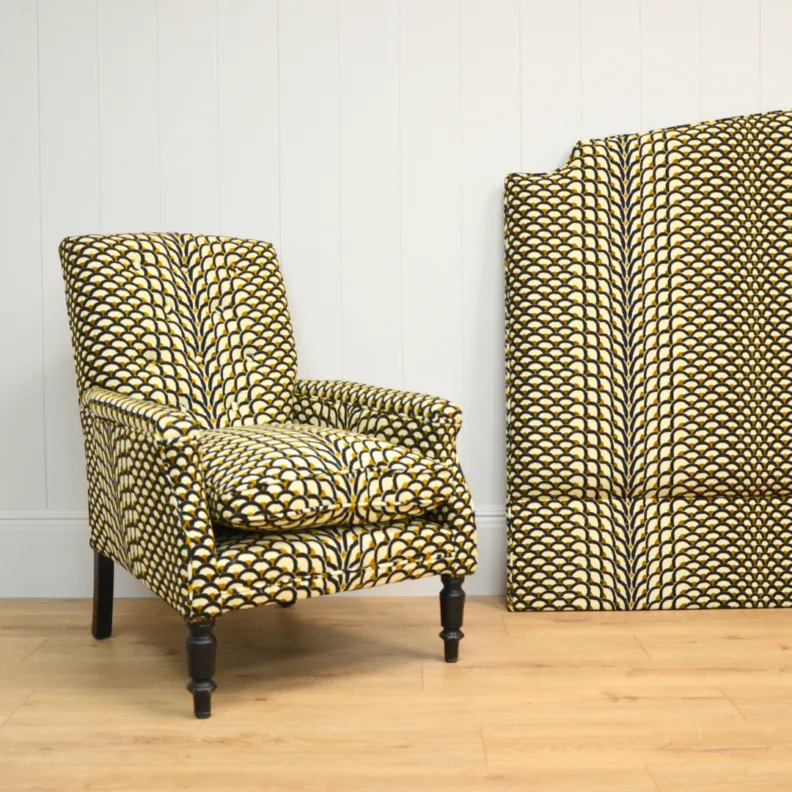 Duo Headboard and Armchair Reupholstered in an Amazing Patterned Fabric