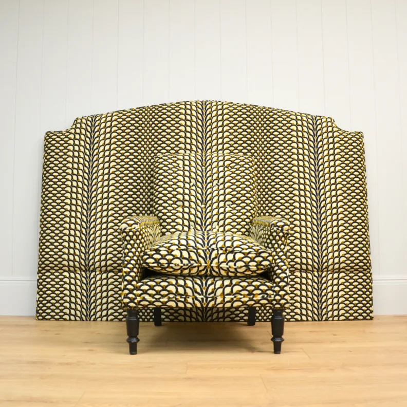Duo Headboard and Armchair Reupholstered in an Amazing Patterned Fabric