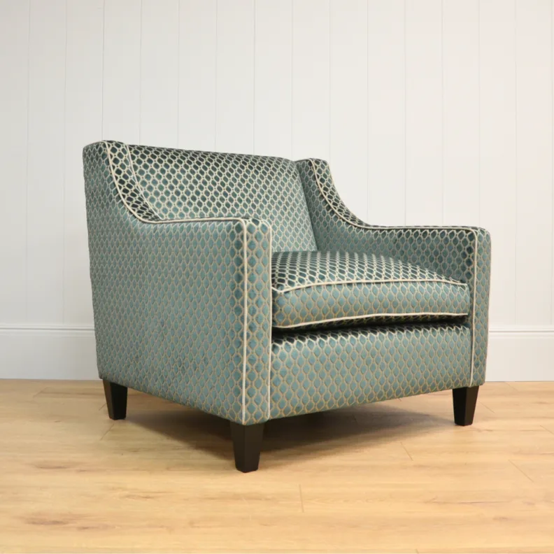 Bespoke Radley Chair Upholstered in a Patterned Teal Fabric With Piping