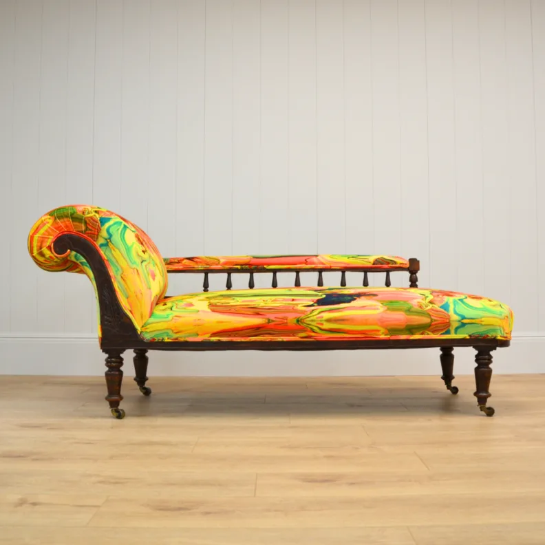 Chaise Longue Reupholstered in a Bright Marble Velvet Fabric