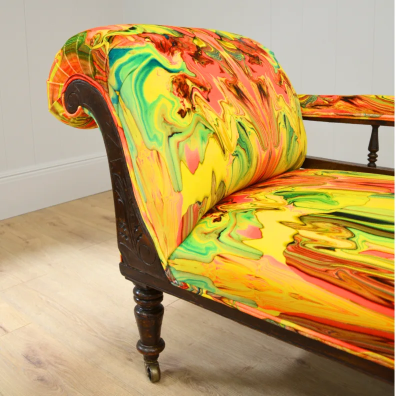 Chaise Longue Reupholstered in a Bright Marble Velvet Fabric