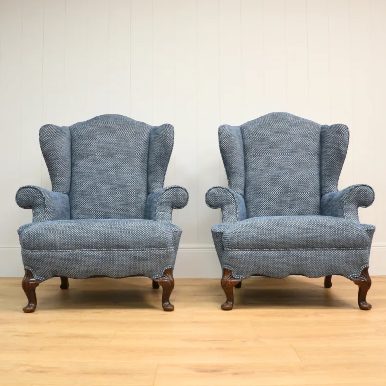 Reupholstered Twin Wingchairs in Cut Velvet Fabric