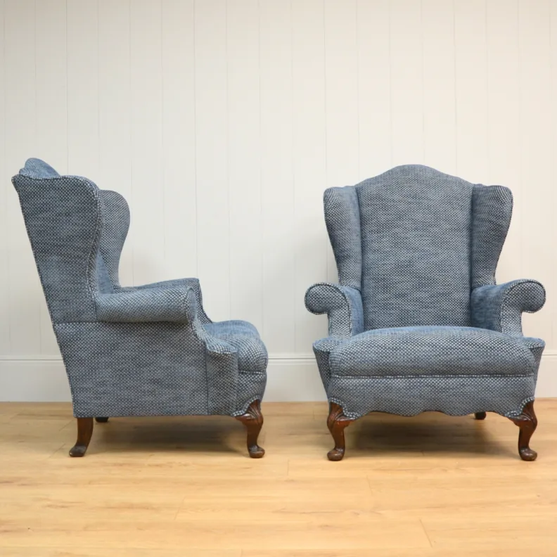 Reupholstered Twin Wingchairs in Cut Velvet Fabric