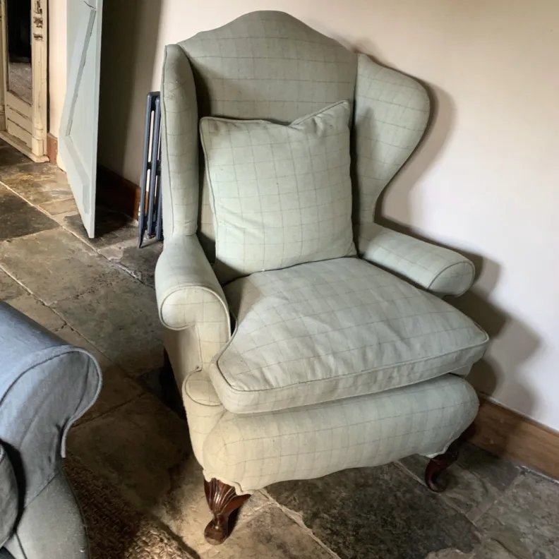 Reupholstered Twin Wingchairs in Cut Velvet Fabric
