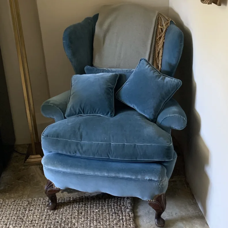 Reupholstered Twin Wingchairs in Cut Velvet Fabric