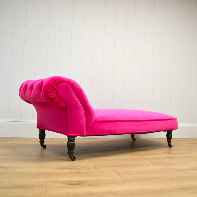 Antique Chaise Longue Reupholstered With a Bright Pink Velvet