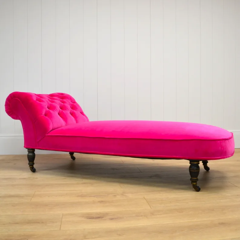 Antique Chaise Longue Reupholstered With a Bright Pink Velvet