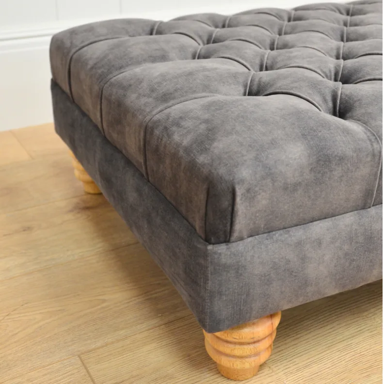 Dark Grey Upholstered Ottoman With Deep Buttoning
