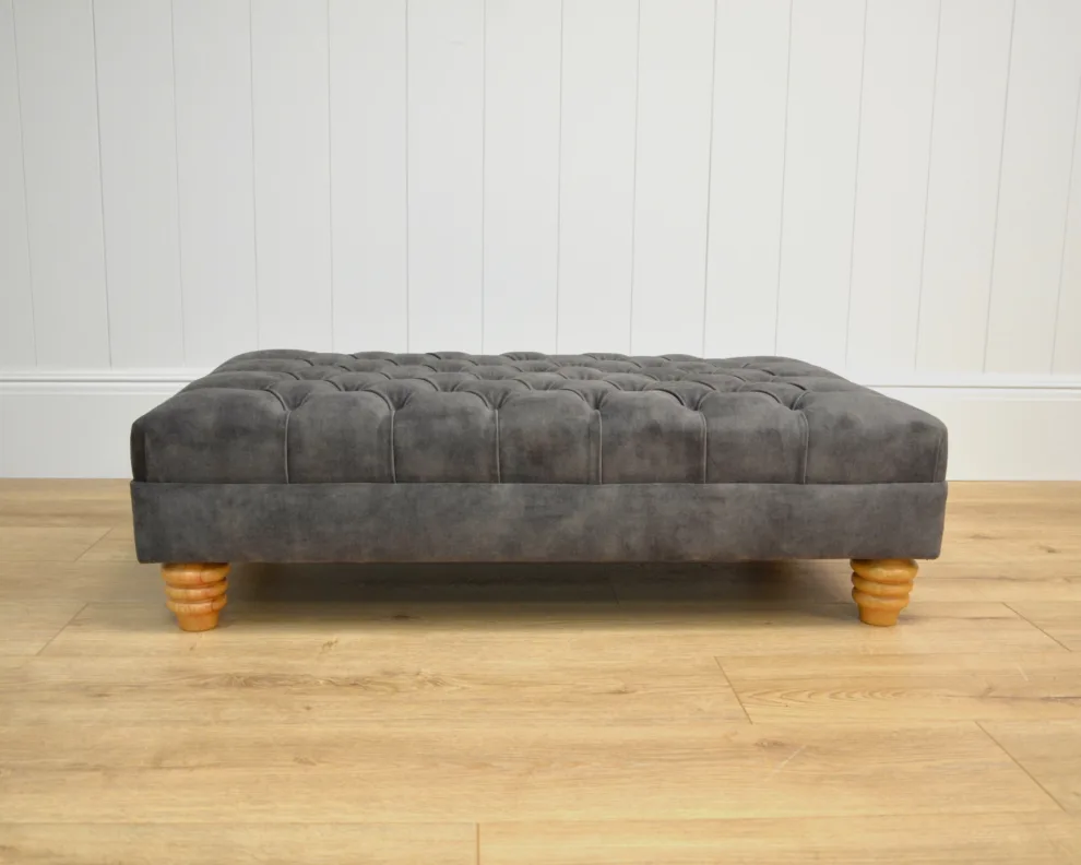 Dark Grey Upholstered Ottoman With Deep Buttoning
