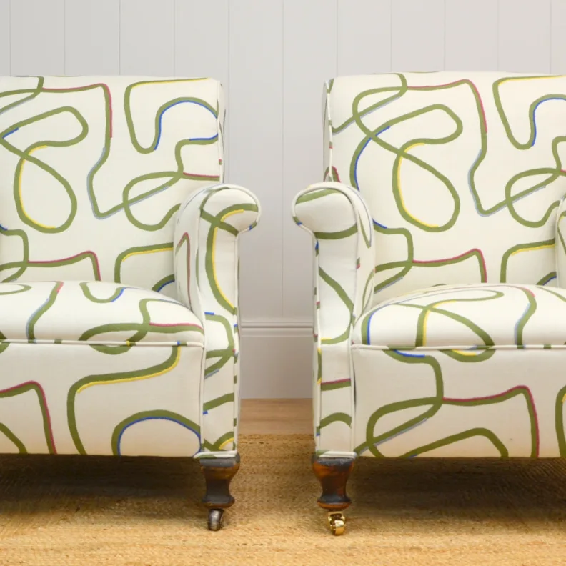 Twin Armchairs Reupholstered in Kit Kempt GP&JBaker Fabric